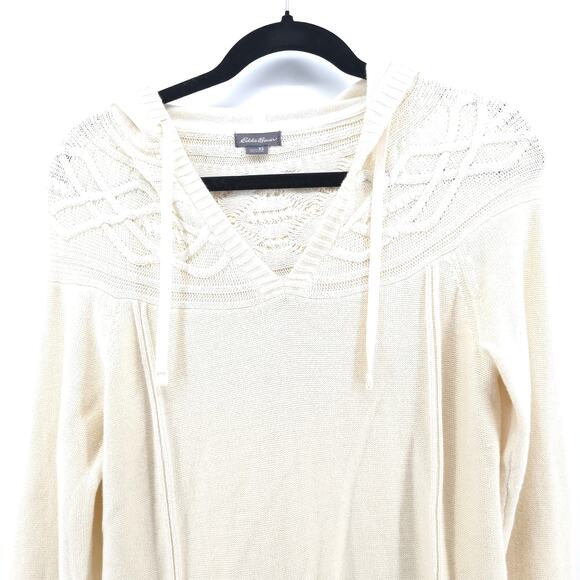 Eddie Bauer Heritage Classic XS Cream Cozy Cable Knit Hooded Sweater Rolled Hem - Picture 2 of 11